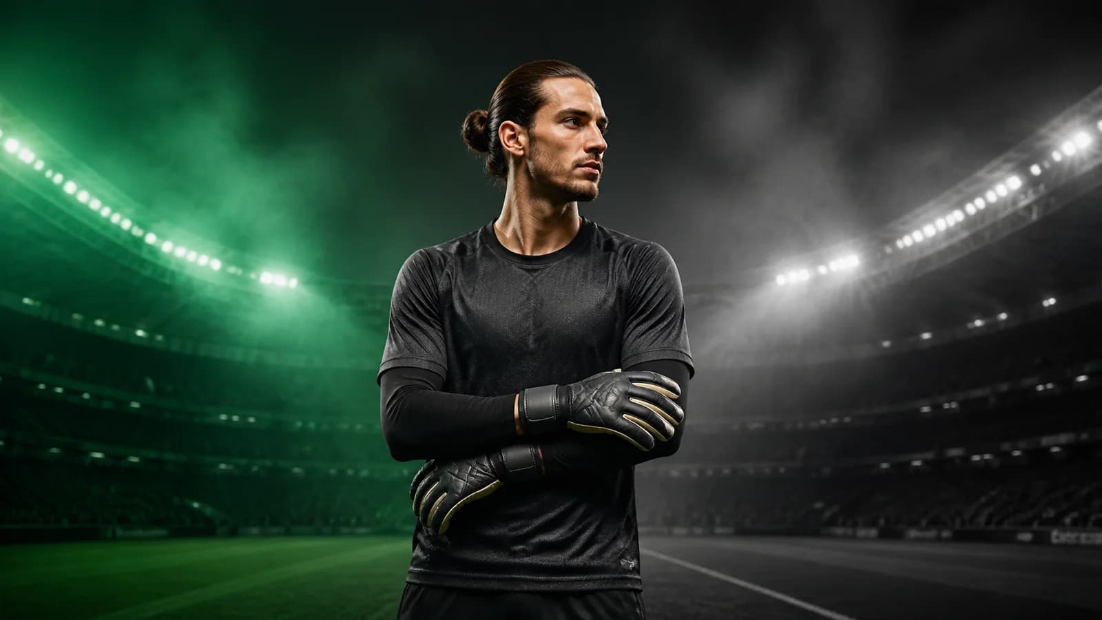 KI-Illustration von Kamil Grabara vor einer grün-schwarz-weißen Stadionkulisse
