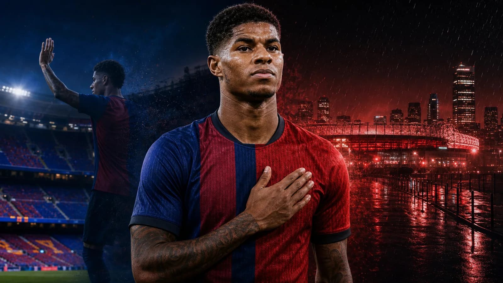 KI-Illustration von Marcus Rashford zwischen Barcelona und Manchester