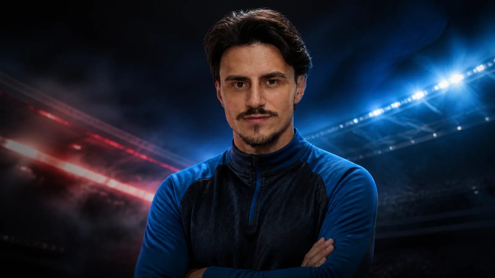 KI-Illustration von Eljif Elmas vor einer blau-schwarzen Stadionkulisse