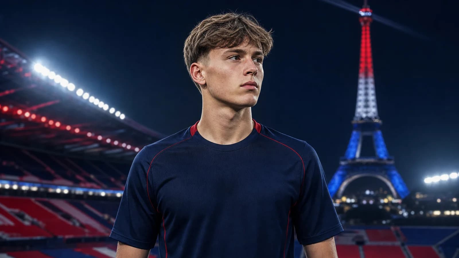 KI-Illustration zur Transfermeldung über Mika Godts und Paris Saint-Germain