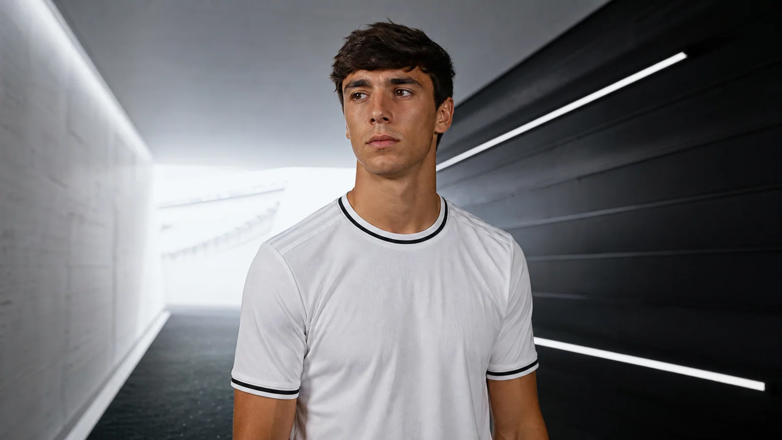 KI-Illustration von Gonzalo García in einem schwarz-weißen Stadiontunnel