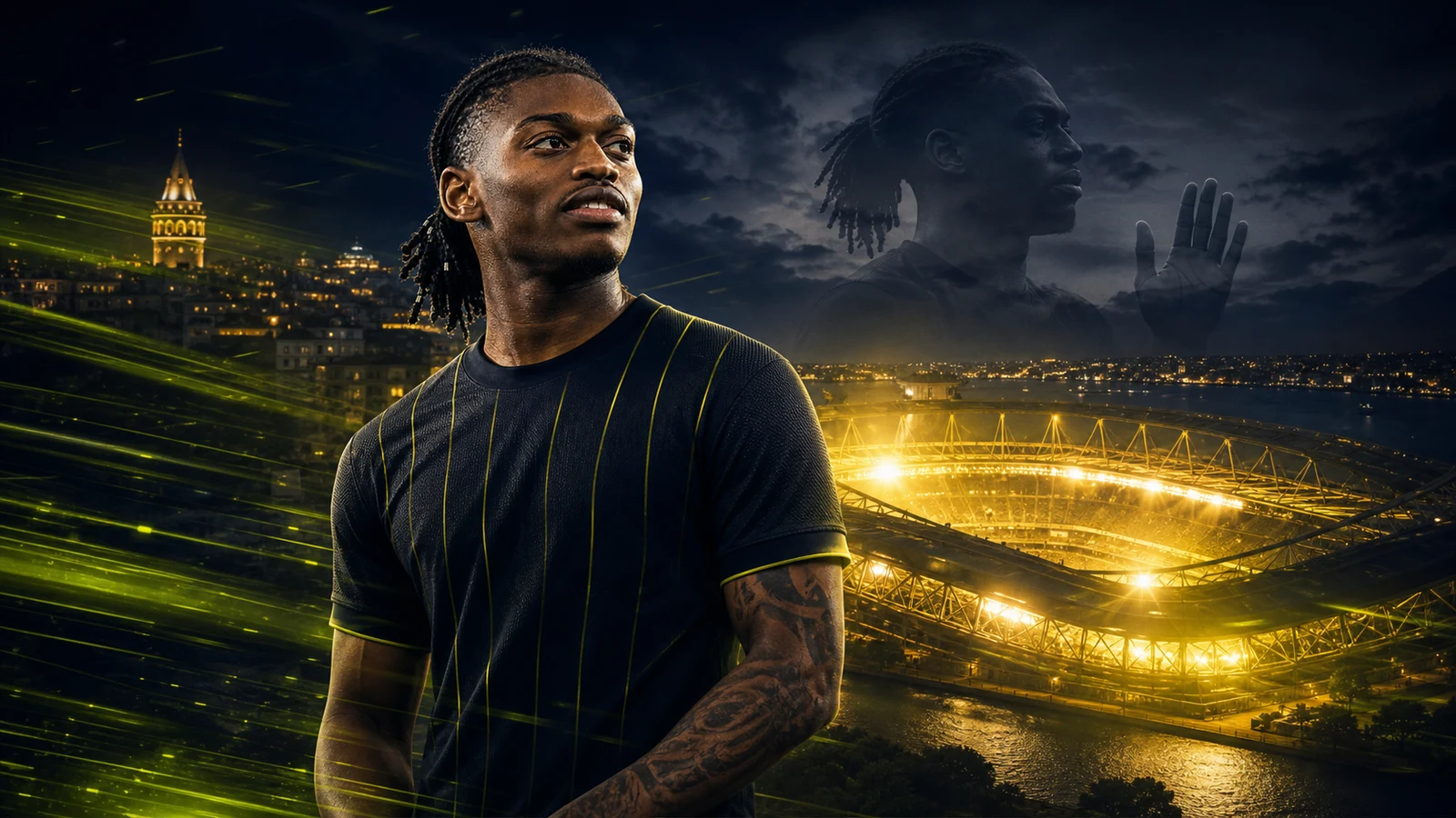 AI-generated demo illustration for the Rafael Leão transfer story involving Fenerbahçe Istanbul