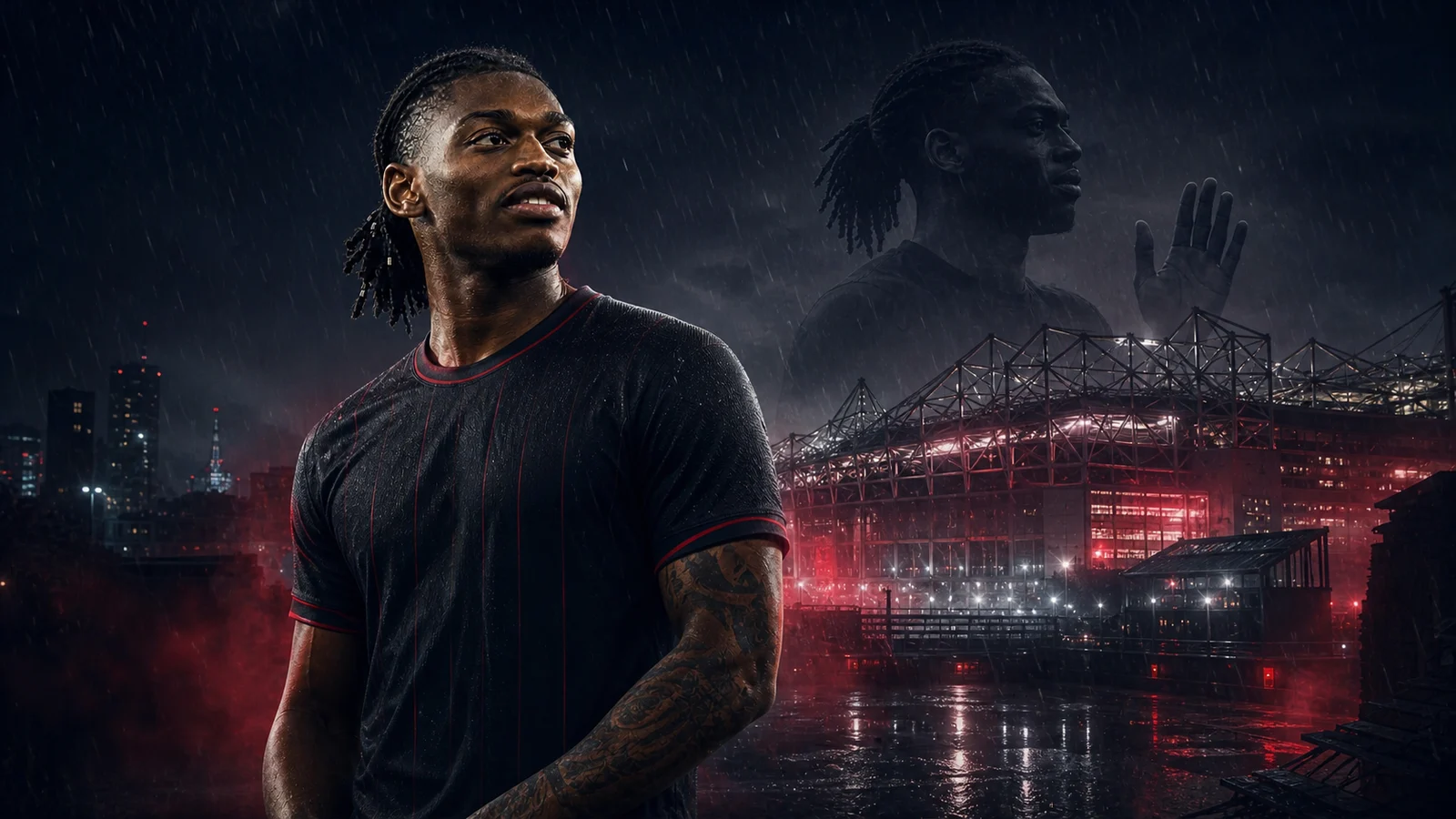 KI-Demo-Illustration von Rafael Leão vor einer regnerischen Stadionkulisse in Manchester