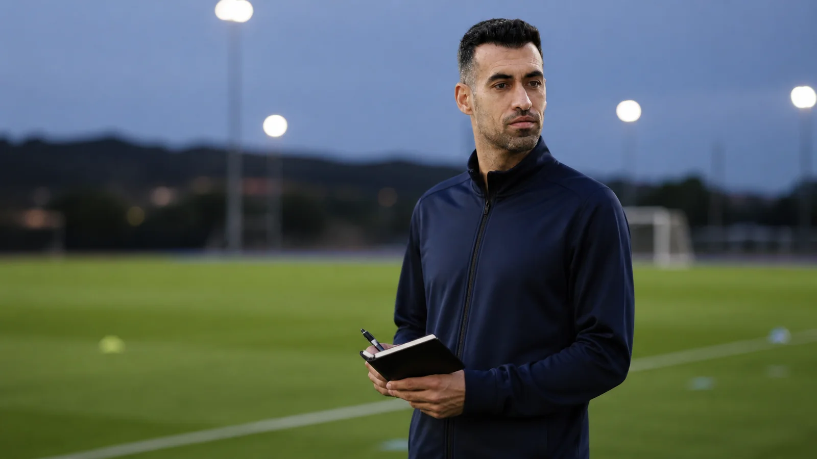 Illustrazione realizzata con IA per la notizia sull’allenatore su Sergio Busquets e Barça Atlètic