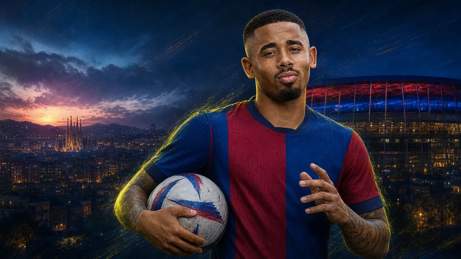 KI-Illustration zur Transfermeldung über Gabriel Jesus und FC Barcelona